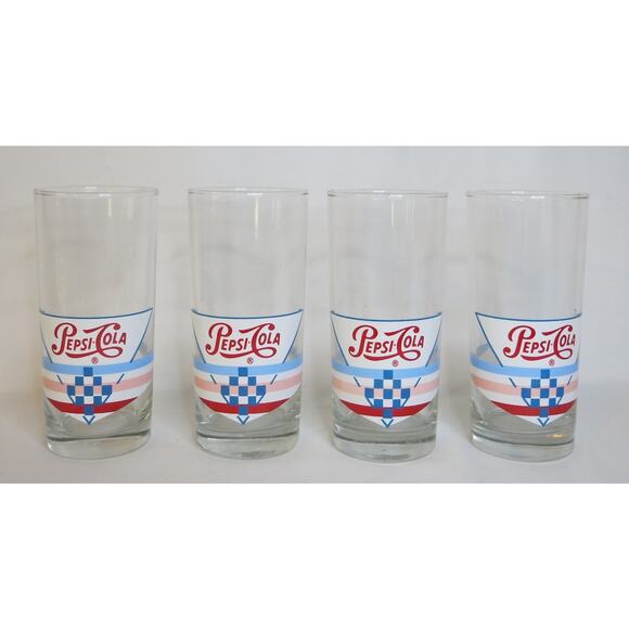 Vintage PEPSI Cola Glasses  Set 4 Logo Stripes Tall 6" 14 Ounce Soda Advertising - Picture 1 of 9